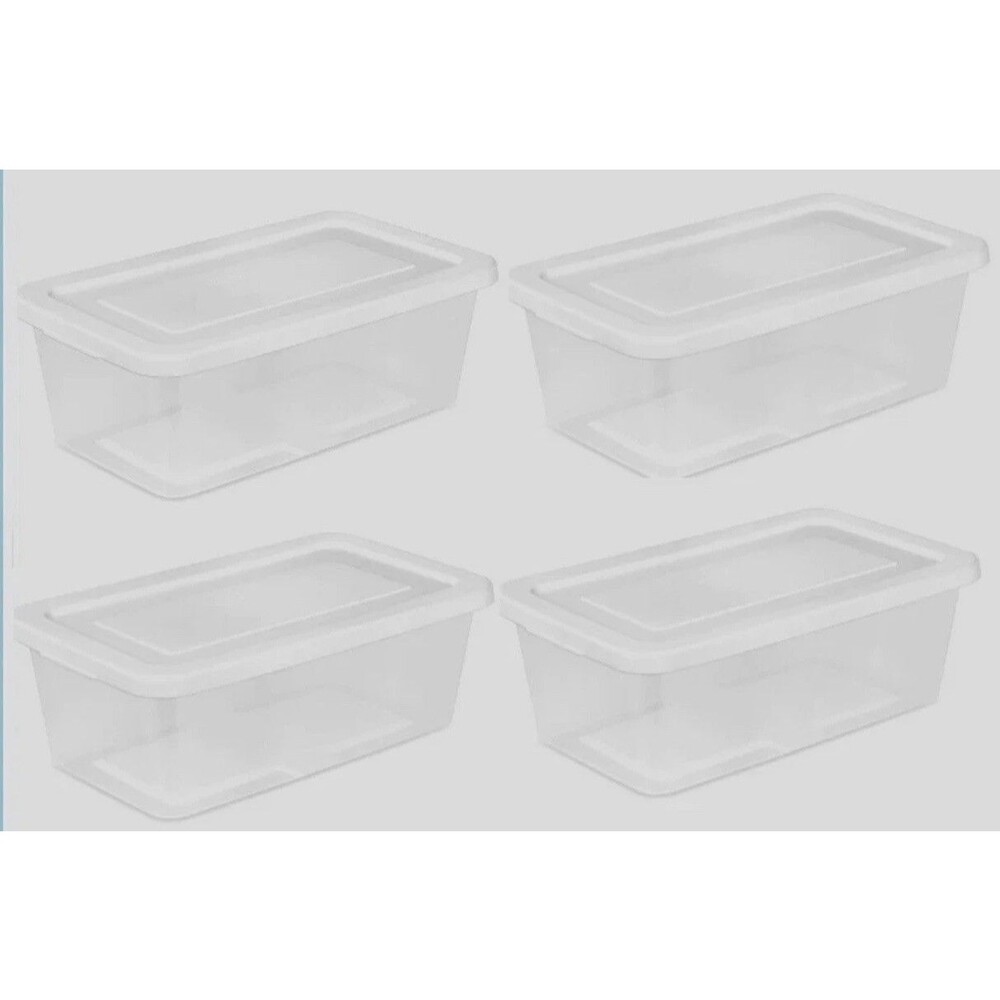 4 PACK Sterilite 6 qt Clear Storage Box Container 4.6" H X 8" W X 13"D Stackable